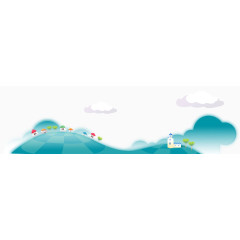 卡通手绘山上房子建筑白云