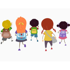 卡通版的五个小朋友背着书包上学