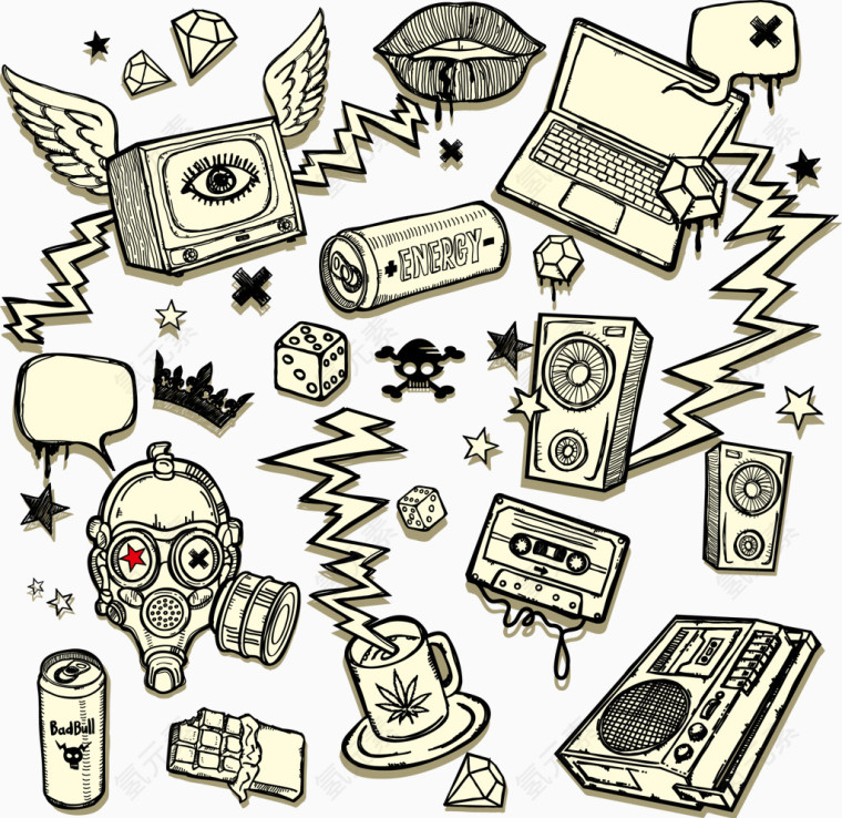 手绘抽象幻想生活工作医学用品元素