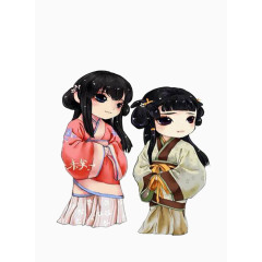 两个古风穿长裙的手绘小女孩