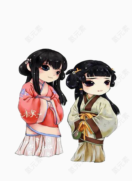 两个古风穿长裙的手绘小女孩