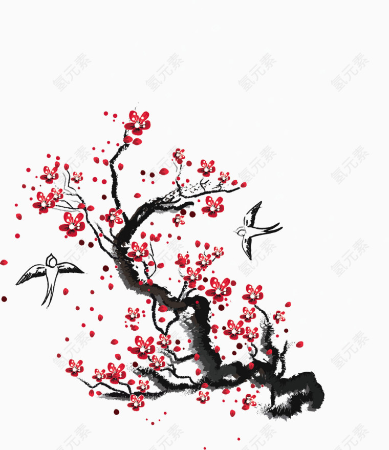 红色樱花树枝手绘精美