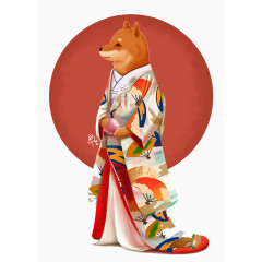 手绘穿和服的柴犬