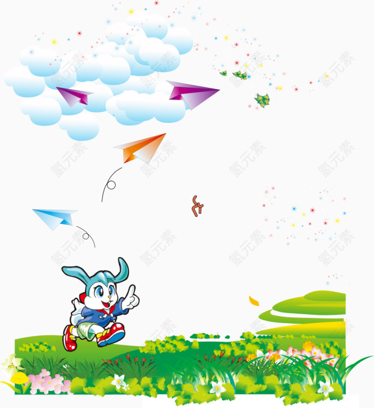 兔子青草白云PNG矢量元素