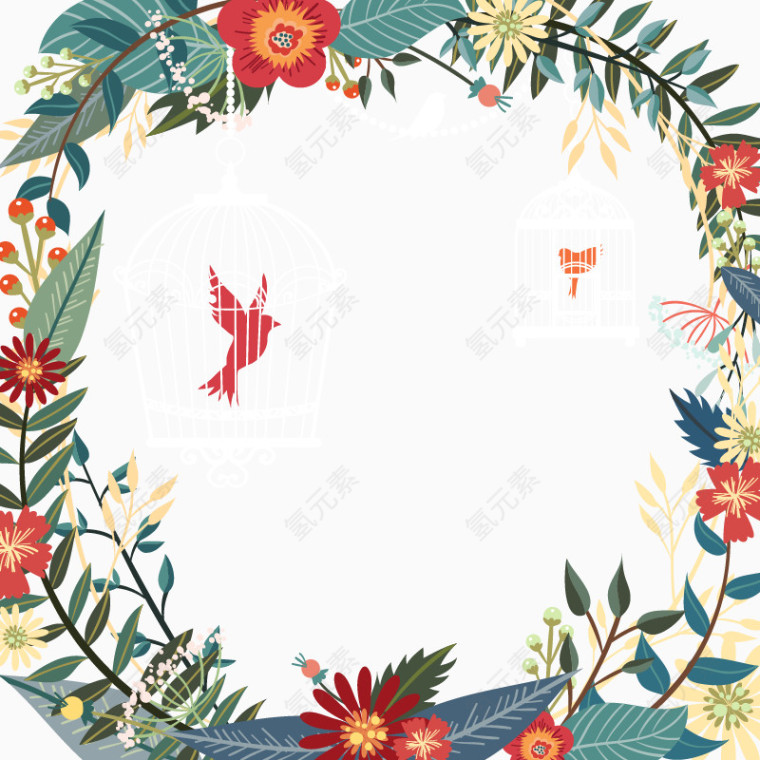 精美花环和鸟笼设计矢量图