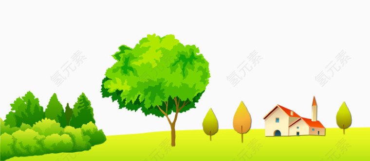 扁平化草地房屋树木
