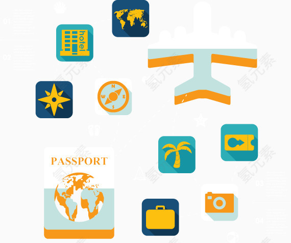 漂浮旅游交通工具和各种证件素材