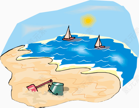 海边沙滩帆船风景插画矢量