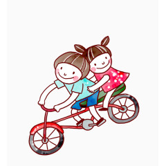 卡通手绘小男孩骑自行车带小女孩