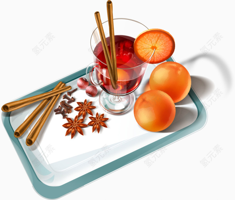 装有橙子和饮料的盘子