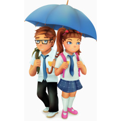 矢量手绘撑雨伞的小学生
