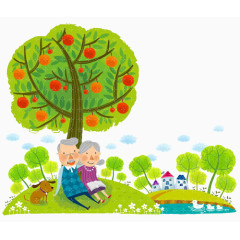 手绘爷爷奶奶苹果树下乘凉