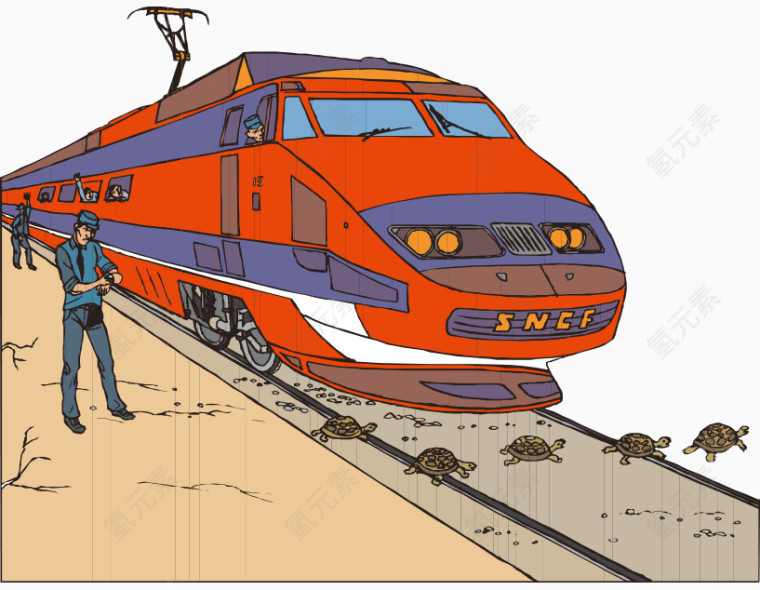 卡通手绘乌龟过轨道红色列车