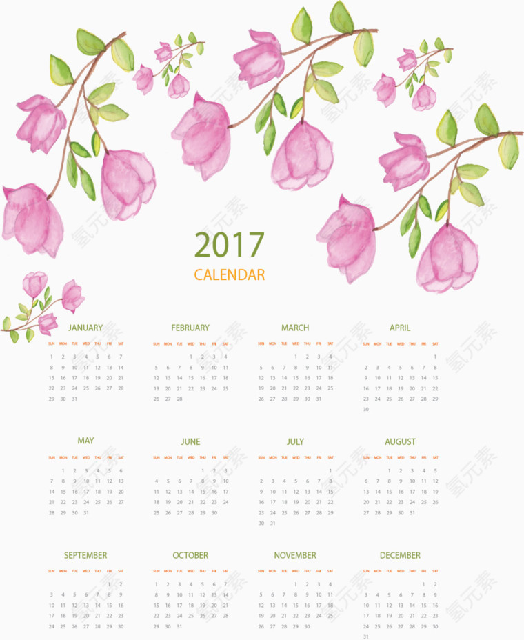 水彩粉红玫瑰花日历