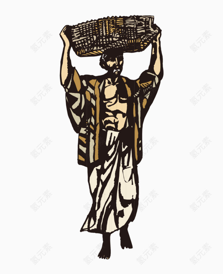 矢量手绘版画国外头顶物品男人