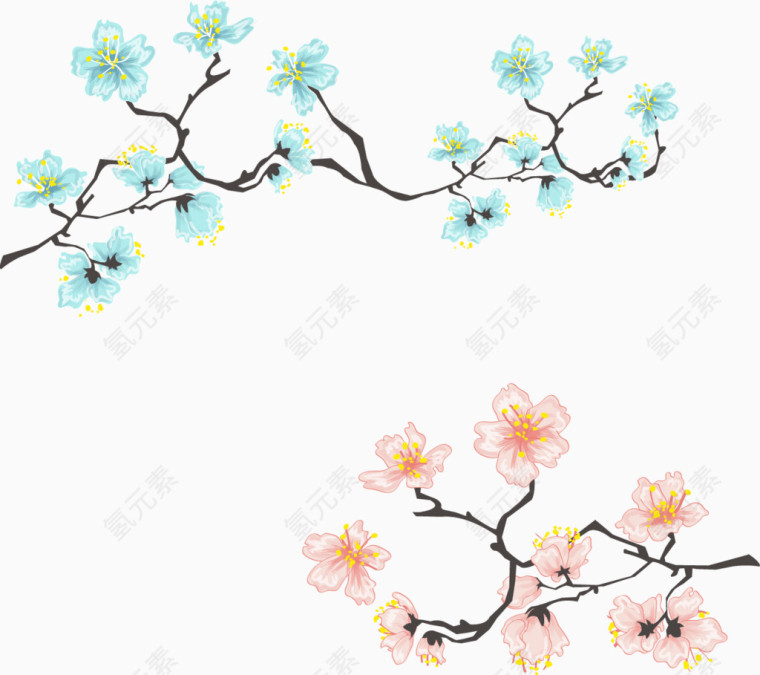 矢量手绘蓝色花朵和粉色花朵