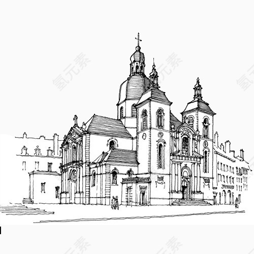 欧式建筑街景手绘线描图