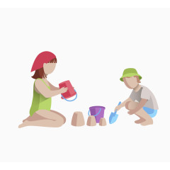 矢量彩色海边玩耍沙子小朋友