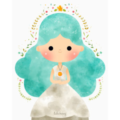 手绘水彩蓝发女孩.