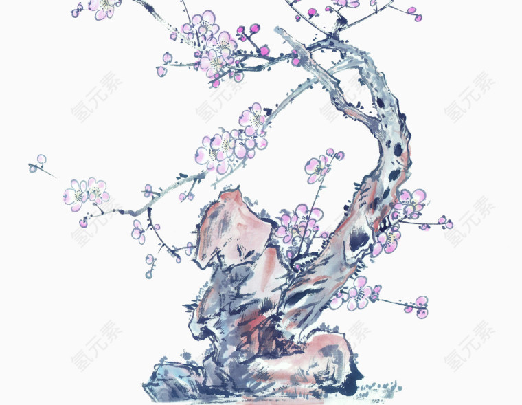 国画梅花古枝奇石