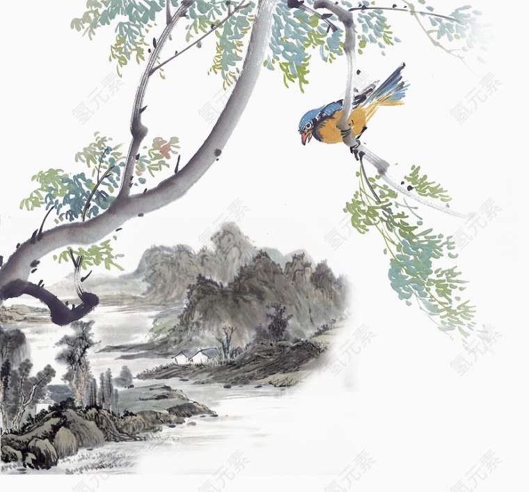 水墨画黄鹂鸟山水画