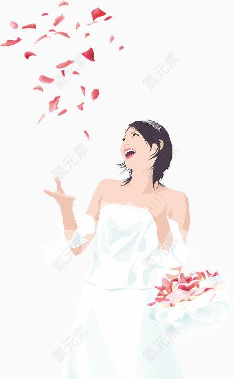 穿婚纱挎着花篮撒花的新娘