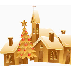 手绘黄色房子和圣诞树