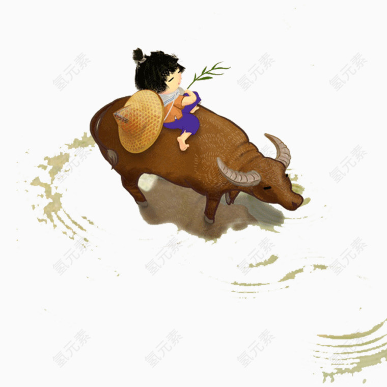 手绘放牛的小孩插画