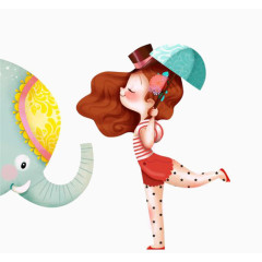 可爱卡通女孩亲吻大象