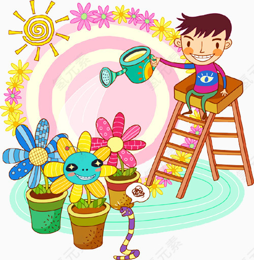 手绘小男孩浇花