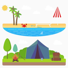 海滩与绿色植物扁平图案