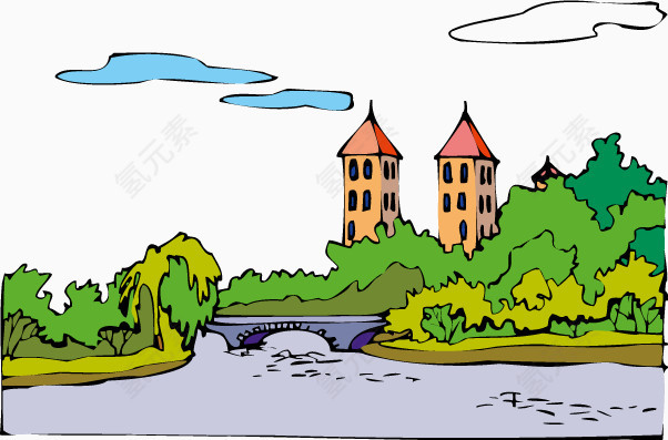 小桥别墅风景插画矢量