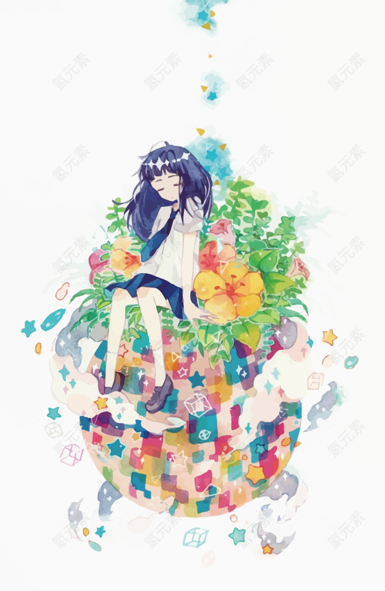 矢量花丛中的女孩