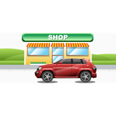 矢量手绘商店门口的小汽车