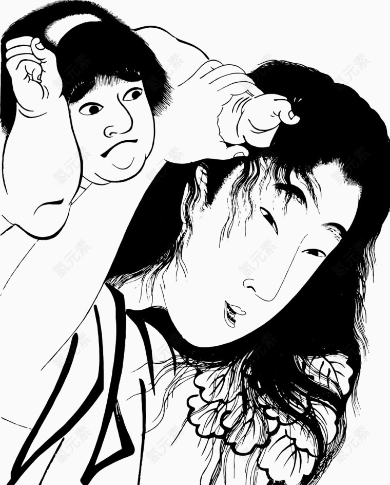 手绘小孩与妈妈矢量