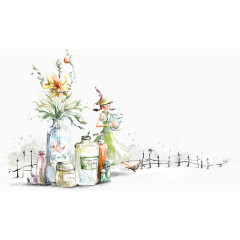 卡通手绘花瓶与女孩