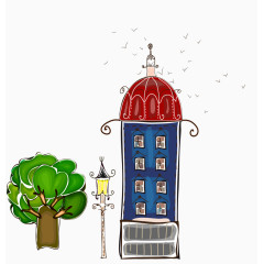 矢量大树路灯房子素材