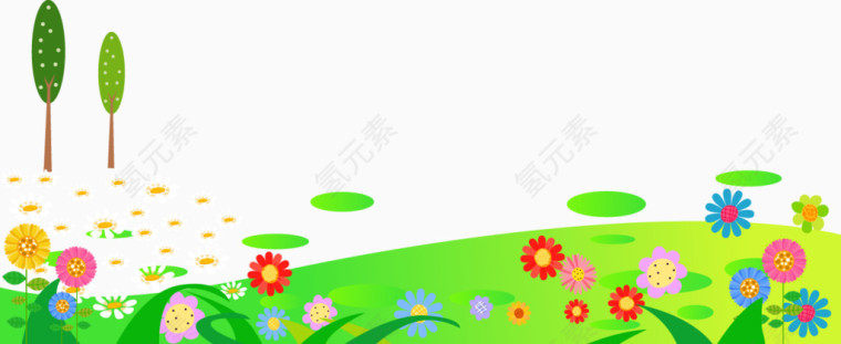 卡通清新春天草地草坪花树