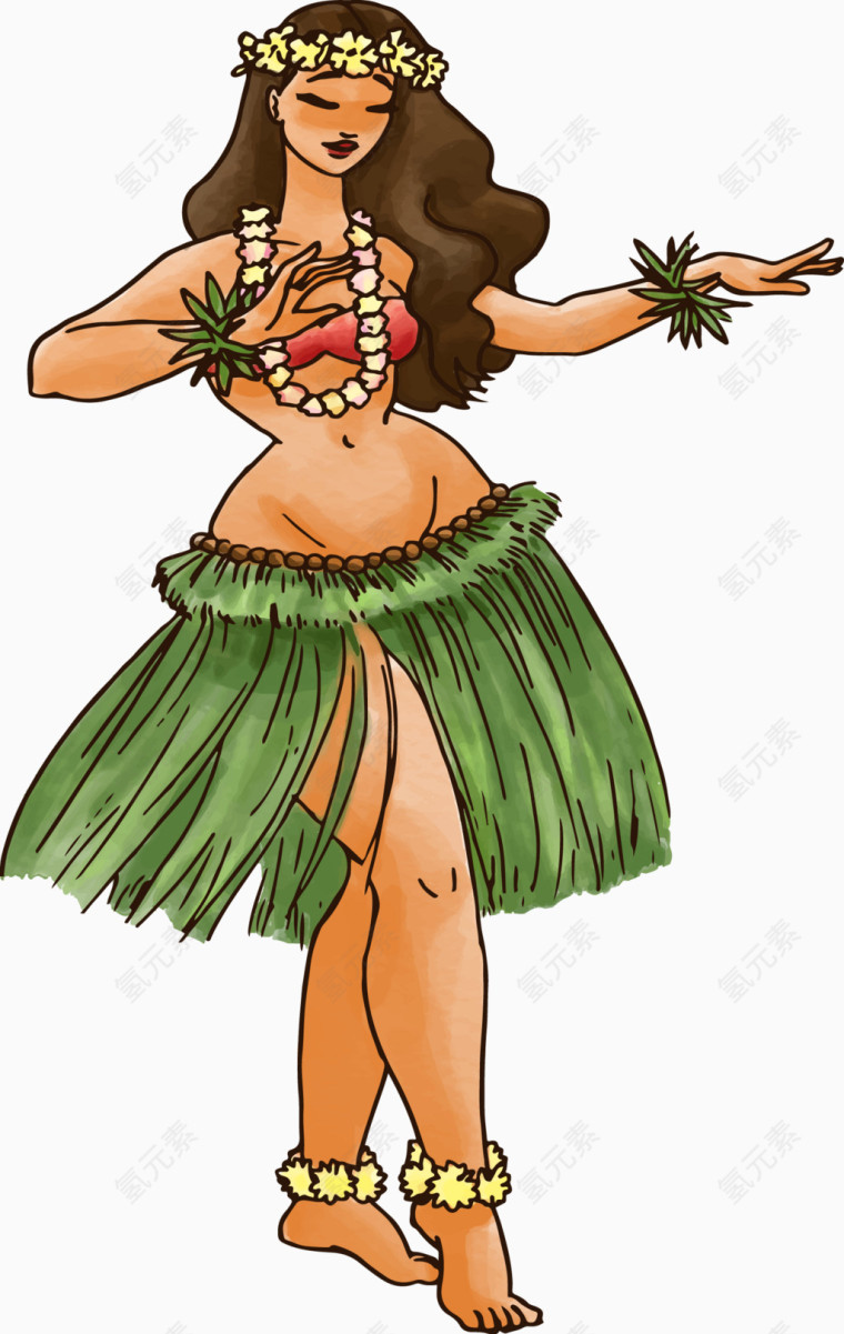 矢量手绘跳草裙舞的女人