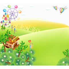 卡通手绘风景草地房子城堡氢气球