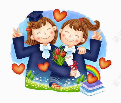卡通版的两个女子毕业照合影