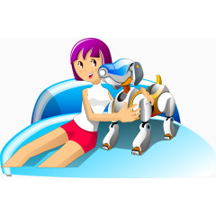 矢量手绘女孩和机器狗