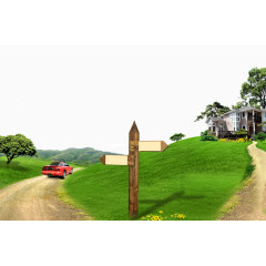 行驶在郊外的红色小汽车