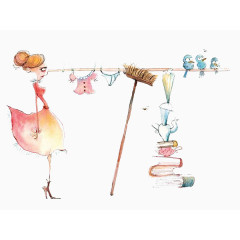 手绘女人晒衣服图案