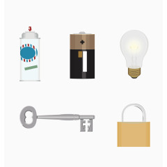 矢量电池灯泡喷瓶锁钥匙
