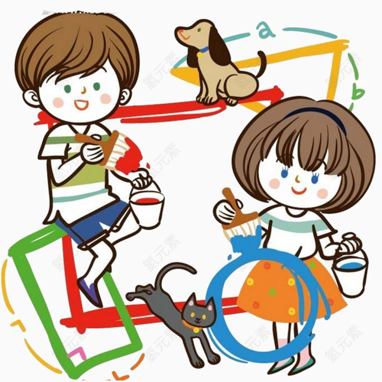 玩颜料的可爱小男孩和小女孩