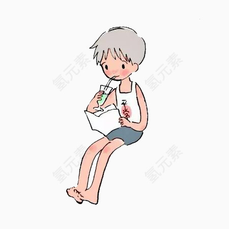 看书喝饮料的男孩
