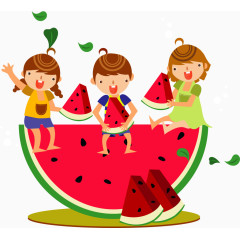 矢量西瓜上的卡通儿童