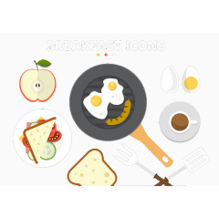 平板风格的多彩的早餐食品的集合