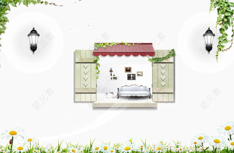 绿色 家居 窗户 海报banner背景 春天